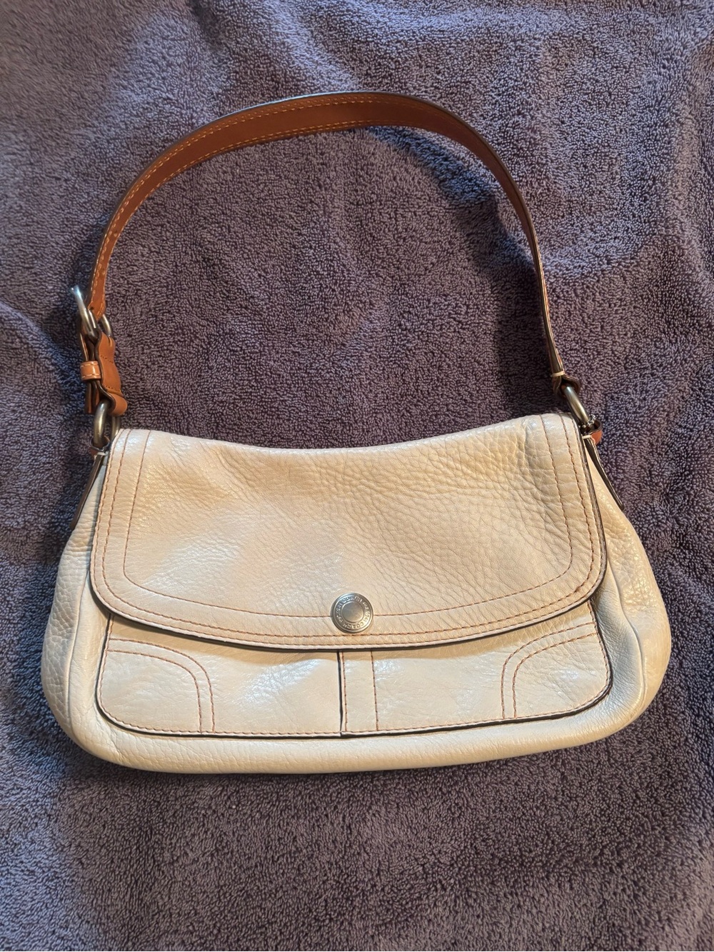 Coach Off-White Genuine Leather Shoulder Bag with tan Handle